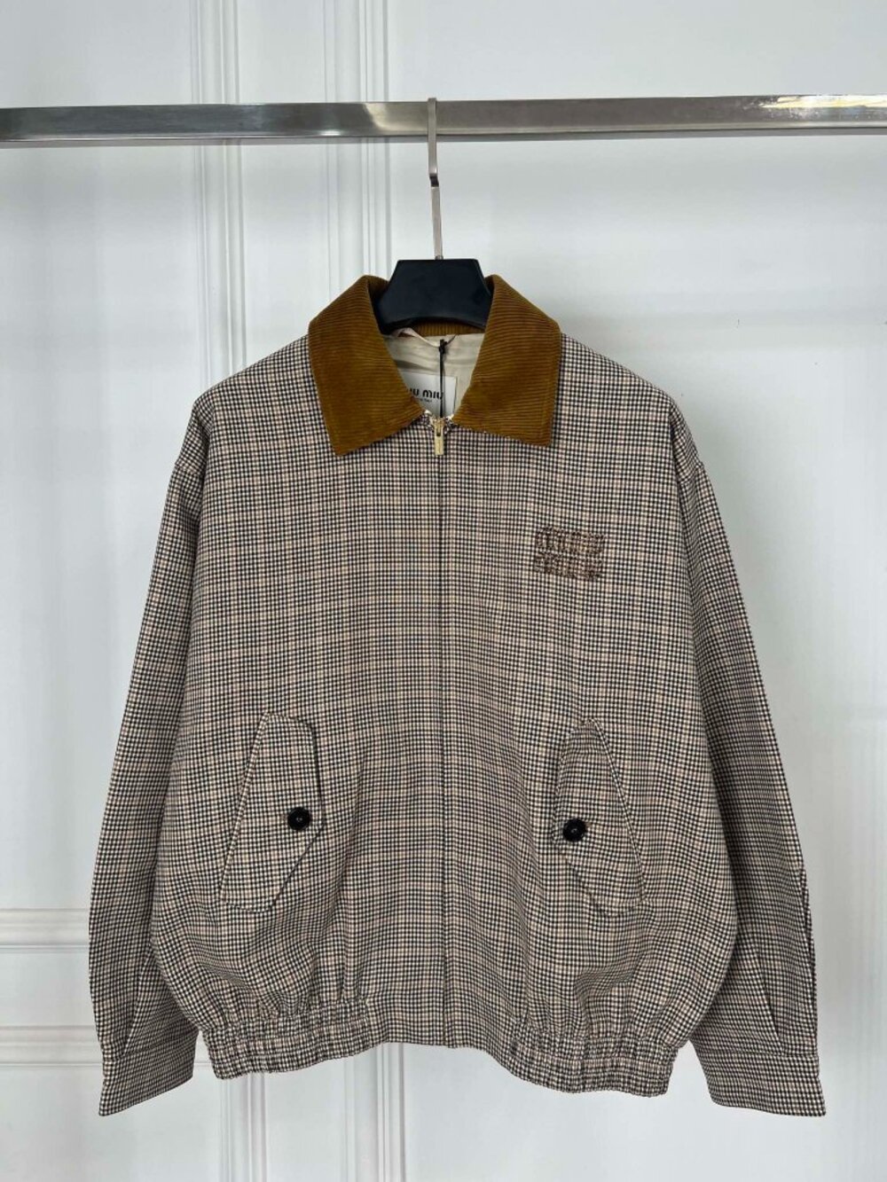 Women's Miu Miu Gingham Check Corduroy Collar Cropped Sz M Jacket